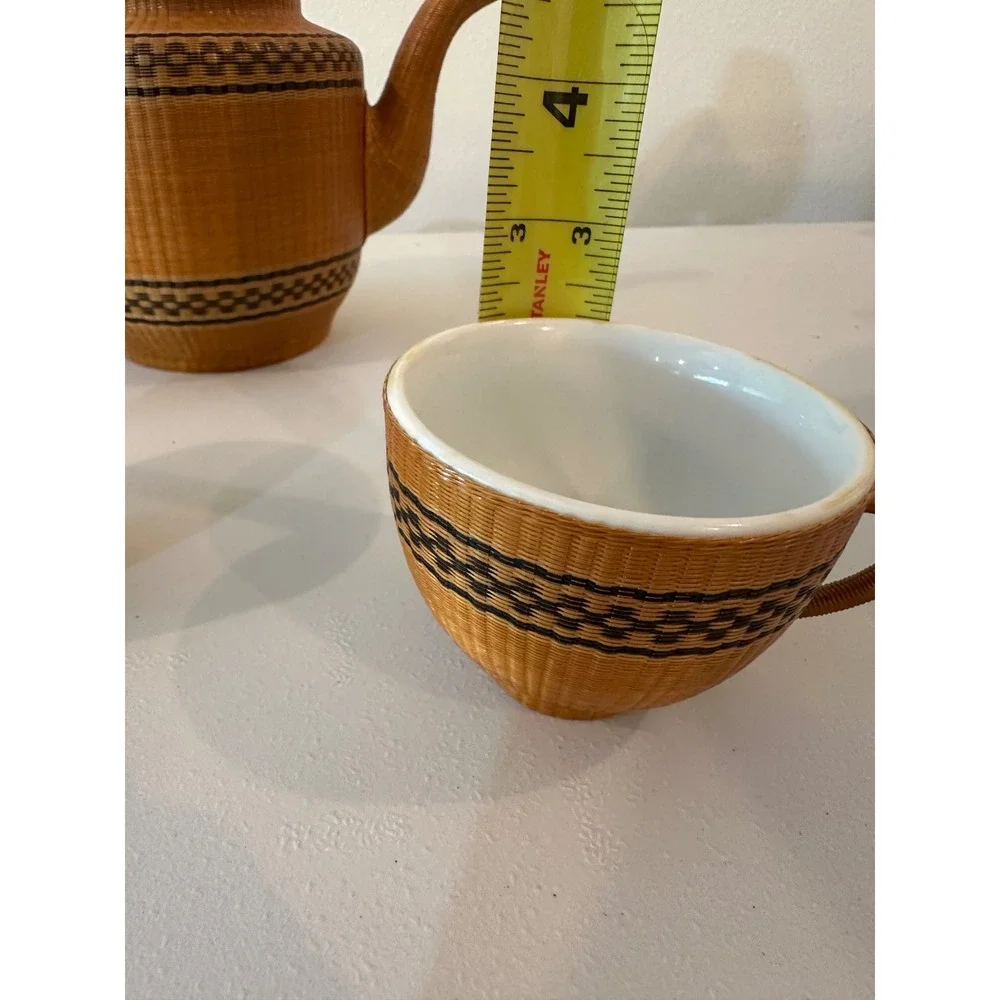 Vintage Woven Wicker Rattan Wrapped Ceramic Teapot and 2 Cups Tea Set Brown